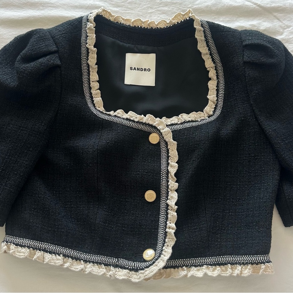 Sandro Paris Black Cropped Tweed Jacket with Cream Lace